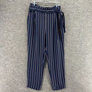YSC City Pants Women 44 Plus Blue Striped High Rise Belted Zipper Flat Front